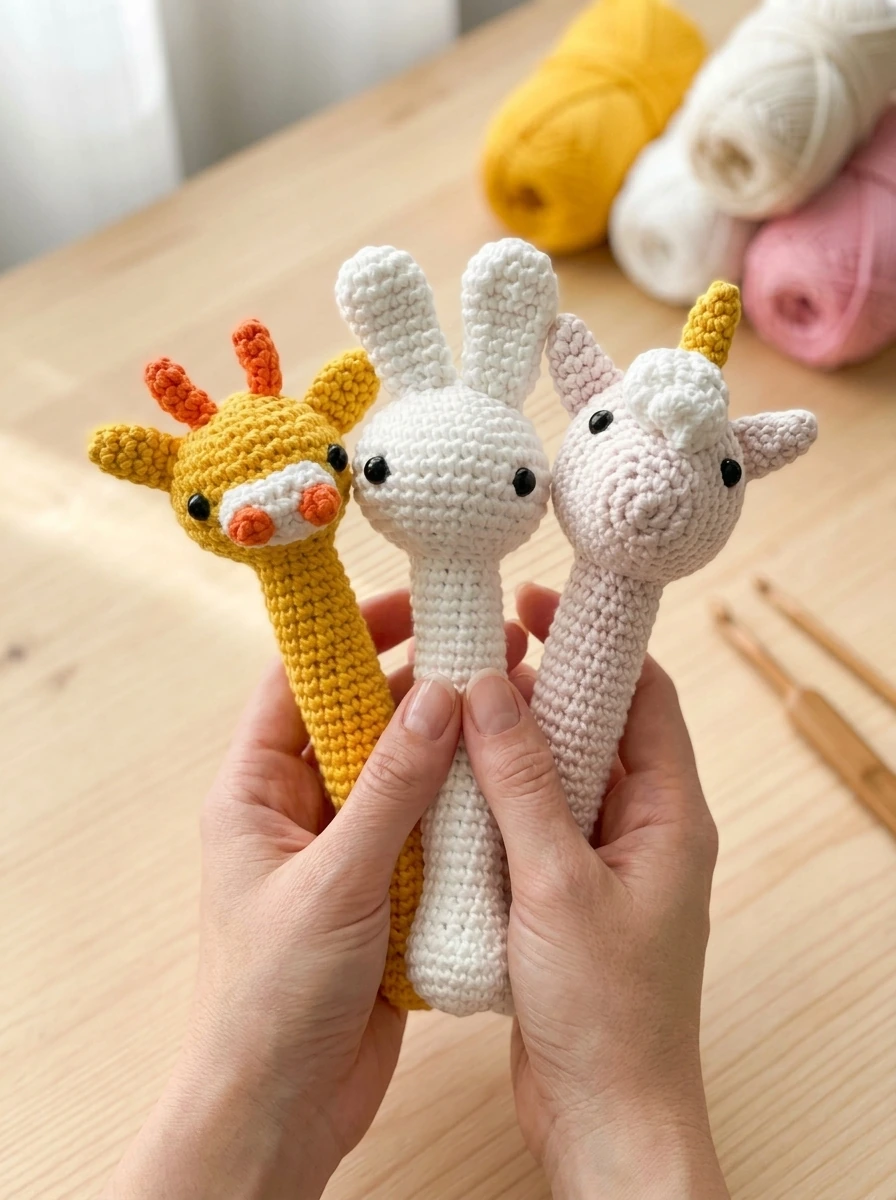 Crochet Baby Rattle PDF Pattern - Amigurumi Stick Toy Set (Bunny, Giraffe, Unicorn)