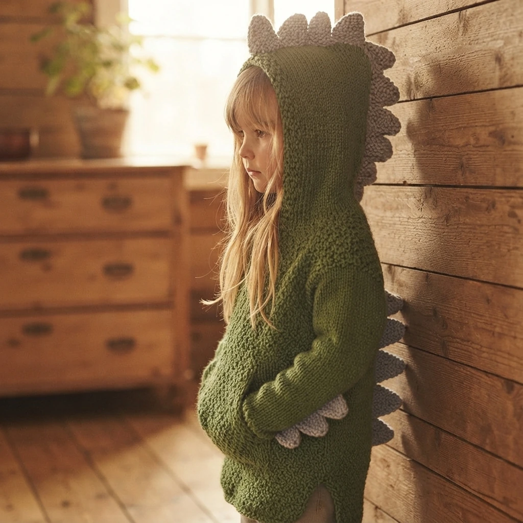 Dino Hoodie Knitting Pattern | Dragon Rex Sweater PDF Pattern for Kids, Sizes 1-12 Year